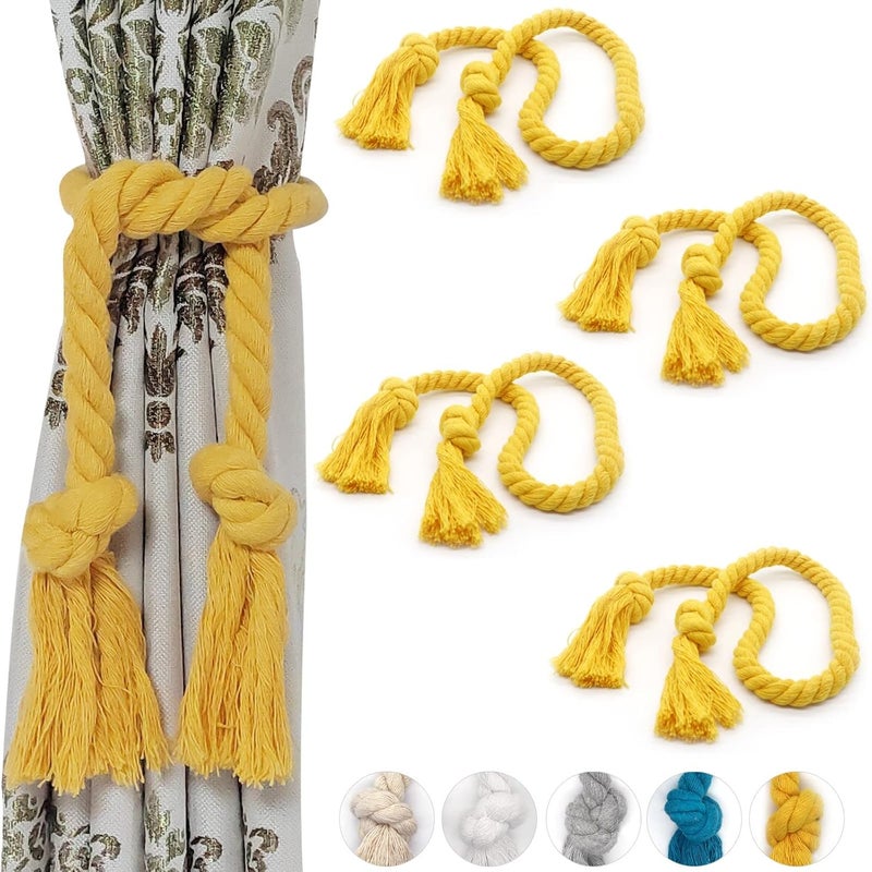 Yteseery 4 Pack Rope Curtain Tiebacks, Natural Cotton Woven Curtain Holdback, Curtain Decorative Holdbacks for Village Rural Boho Style Drapery Tieback, Yellow - Image 1